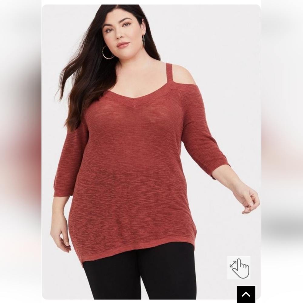TORRID Slub Pullover Tunic V-Neck Cold Shoulder Sweater in Burnt Orange Size 2